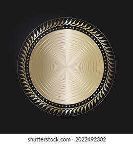 Decorative openwork round frame with gold abstract pattern on black background. Circular ornament. An elegant element for design. Vector.