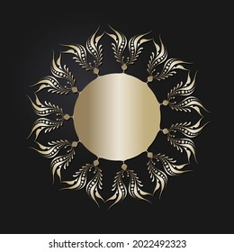 Decorative openwork round frame with gold abstract pattern on black background. Circular ornament. An elegant element for design. Vector.