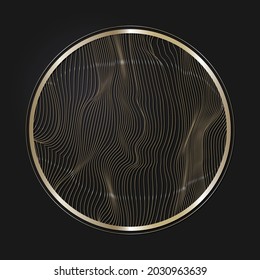 Decorative openwork round frame with gold abstract pattern on black background. Circular ornament. An elegant element for design. Vector.