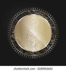 Decorative openwork round frame with gold abstract pattern on black background. Circular ornament. An elegant element for design. Vector.