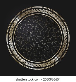 Decorative openwork round frame with gold abstract pattern on black background. Circular ornament. An elegant element for design. Vector.