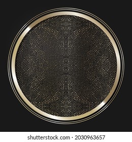 Marco redondeado decorativo de apertura con patrón oro abstracto sobre fondo negro. Ornamento circular. Un elemento elegante para el diseño. Vector.