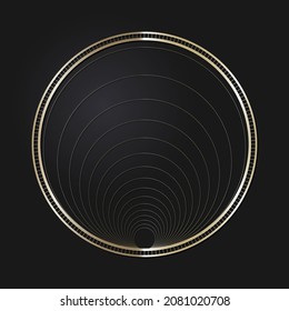 Marco redondeado decorativo de apertura con patrón oro abstracto sobre fondo negro. Ornamento circular. Un elemento elegante para el diseño. Vector.
