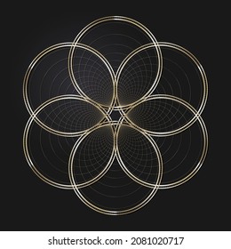 Decorative openwork round frame with gold abstract pattern on black background. Circular ornament. An elegant element for design. Vector.