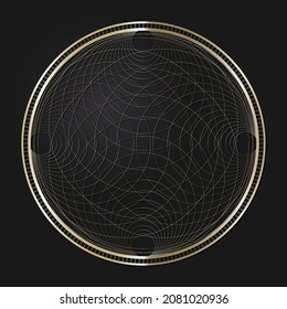 Decorative openwork round frame with gold abstract pattern on black background. Circular ornament. An elegant element for design. Vector.