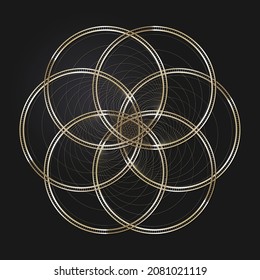 Decorative openwork round frame with gold abstract pattern on black background. Circular ornament. An elegant element for design. Vector.