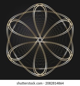 Marco redondeado decorativo de apertura con patrón oro abstracto sobre fondo negro. Ornamento circular. Un elemento elegante para el diseño. Vector.