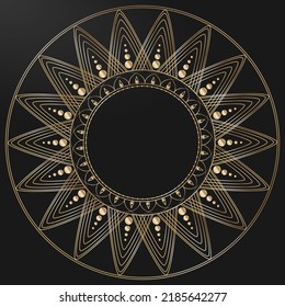 Decorative openwork round frame with gold abstract pattern on black background. Circular ornament. 