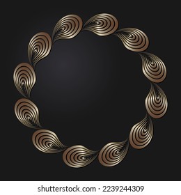 Marco redondeado decorativo de apertura con patrón oro abstracto sobre fondo negro. Ornamento circular. Un elemento elegante para el diseño. Vector.