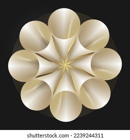 Decorative openwork round frame with gold abstract pattern on black background. Circular ornament. An elegant element for design. Vector.