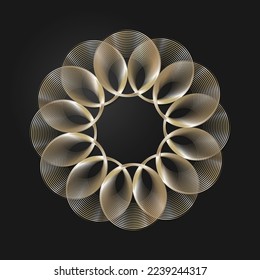 Decorative openwork round frame with gold abstract pattern on black background. Circular ornament. An elegant element for design. Vector.