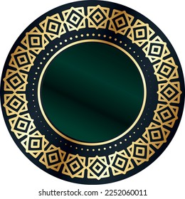 Decorative openwork round frame with gold abstract pattern on dark red background. Circular ornament.
