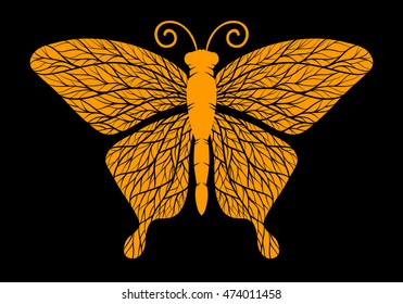 Decorative orange butterfly, isolated on black background. Vector illustration.