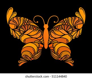 Decorative orange butterfly, isolated on black background. Vector illustration.
