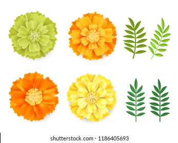 Decorative Orange, Green Yellow Marigolds And Leaves , Symbol Of Mexican Holiday Day Of Dead Isolated On White Background.Realistick Flowers Vector Illustration.