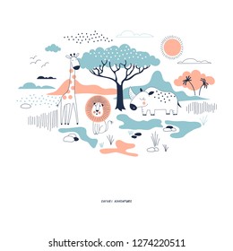decorative orange and navy blue savannah wildlife illustration with giraffe, lion, rhino, scandinavian style safari graphic, kids summer t-shirt print