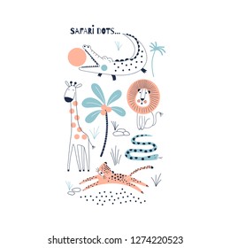 decorative orange and navy blue savannah wildlife illustration with animals leopard, crocodile, lion, snake, giraffe, scandinavian style safari graphic, kids summer t-shirt print