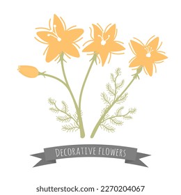 Decorative orange petaled flowers with a white center. Orange lilies. Flat style illustration isolated on white background. Simple childish illustration.