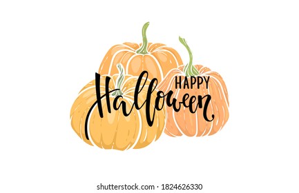 decorative orange pumpkins with Happy halloween Creative calligraphy lettering. design for holiday greeting card and invitation, flyers, posters, banner halloween party holiday