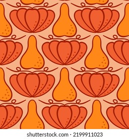 Decorative orange red autumn pumpkins ornament on beige background seamless vector pattern. Festive wallpaper texture in warm autumnal colors digital art illustration for Thanksgiving or Halloween.