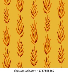 Patrón naranja decorativo sin costuras con ramas estilizadas con hojas. Impresiones otoñales de vectores dibujados a mano para embalajes, cosméticos, bienes, textiles, tejidos, ropa, embalaje, fondos, diseños.