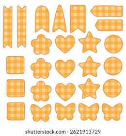 Decorative orange and yellow gingham shapes including hearts, stars, ribbons, tags, flowers, circles and squares on white background