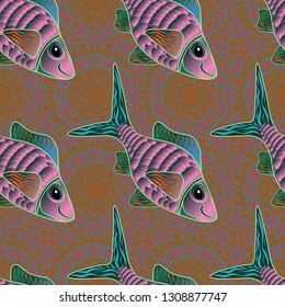 Decorative ornament. Abstract vector pattern of repeating and alternating constituent elements. Fishes in brown, blue and pink colors. Seamless pattern with fishes. Vector illustration.