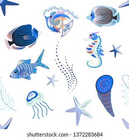 Decorative ornament. Abstract vector pattern of repeating and alternating constituent elements. Vector illustration. Seamless pattern with fishes. Fishes in red, white and blue colors.