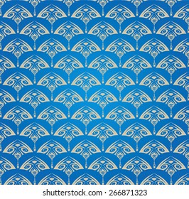 Decorative ornament with a beige elegant triangular rounded elements in East style on a blue gradient background