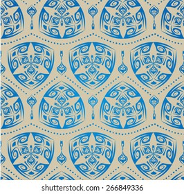 Decorative ornament with a blue elegant triangular rounded elements in East style on a beige background