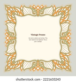 Decorative ornament border, frame, template for product label, cosmetic packaging. In art nouveau style, vintage, old, retro style. Vector illustration.