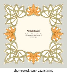 Decorative ornament border, frame, template for product label, cosmetic packaging. In art nouveau style, vintage, old, retro style. Vector illustration.