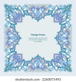 Decorative ornament border, frame, template for product label, cosmetic packaging. In art nouveau style, vintage, old, retro style. Vector illustration.