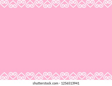 Decorative ornament border of hearts in white on pink background for decoration, poster, banner, postcard, greeting card, gift tag, text, lettering, advertising, valentines day, valentine, invitation