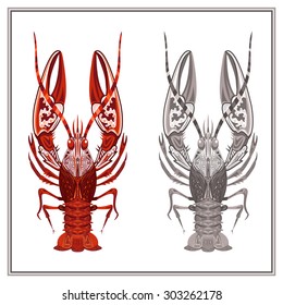 Decorative ornament crayfish on a white background. Isolated crustaceans with red and gray patterns for design menu, t-shirts, bags. Vector illustration