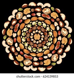 Decorative ornament from different nuts on a black background