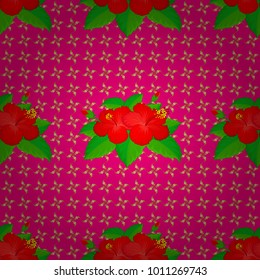 Decorative ornament for fabric, textile, wrapping. Vector striped seamless pattern with hibiscus flowers. Floral sketch in magenta, green and red colors. Traditional oriental seamless paisley pattern.