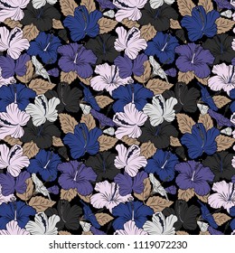 Decorative ornament for fabric, textile, wrapping. Traditional oriental seamless paisley pattern. Vector striped seamless pattern with hibiscus flowers. Floral wallpaper in gray, black and blue colors