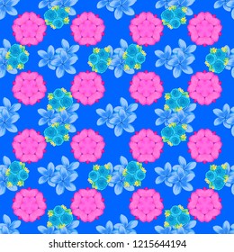 Decorative ornament for fabric, textile, wrapping paper. Vector striped seamless pattern with plumeria flowers. Traditional seamless paisley pattern. Floral wallpaper in blue, pink and magenta colors.