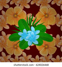 Decorative ornament for fabric, textile, wrapping paper. Vector striped seamless pattern with plumeria flowers. Floral wallpaper on a red background. Traditional oriental seamless paisley pattern.
