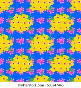 Decorative ornament for fabric, textile, wrapping paper. Traditional oriental seamless paisley pattern. Vector striped seamless pattern with primula flowers. Floral wallpaper on a blue background.