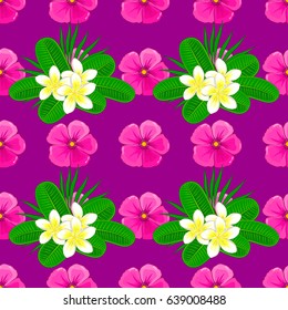 Decorative ornament for fabric, textile, wrapping paper. Traditional oriental seamless paisley pattern. Vector striped seamless pattern with plumeria flowers. Floral wallpaper on a purple background.