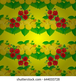 Decorative ornament for fabric, textile, wrapping paper. Vector striped seamless pattern with hibiscus flowers. Floral wallpaper on a yellow background. Traditional oriental seamless paisley pattern.