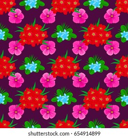 Decorative ornament for fabric, textile, wrapping paper. Floral wallpaper on a purple background. Traditional oriental seamless paisley pattern. Vector striped seamless pattern with primula flowers.