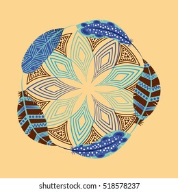 decorative ornament with feathers and mandala. boho style design. vector illustration