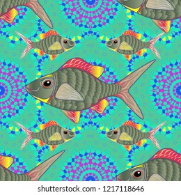 Decorative ornament with fishes in green, blue and violet colors. Abstract vector color image of repeating and alternating constituent elements. Vector illustration. Seamless pattern with fish.
