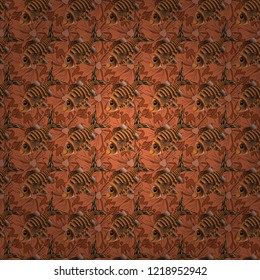 Decorative ornament with fishes in magenta, yellow and brown colors. Seamless pattern with fish. Abstract vector color image of repeating and alternating constituent elements. Vector illustration.