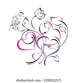 decorative ornament of four pink hearts among flowers on white background