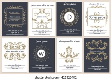 Decorative, ornament frames in Victorian style. Set of patterns leaflets. Logos for corporate style. Vector Illustration