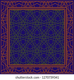 Decorative Ornament With Geometric Decoration. Symmetric Pattern . For Print Bandanna, Shawl, Tablecloth, Fabric Fashion, Scarf, Design. Dark blue, brown color